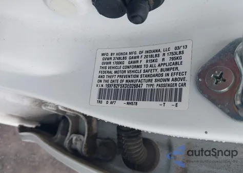 2013 Honda Civic Lx из США, поврежденный, VIN 19XFB2F5XDE026847